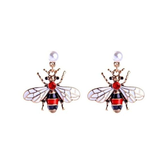 Red Enamel Glaze Bumble Bee Pearl Crystal Gold Statement Dangle Earrings - Picture 1 of 8